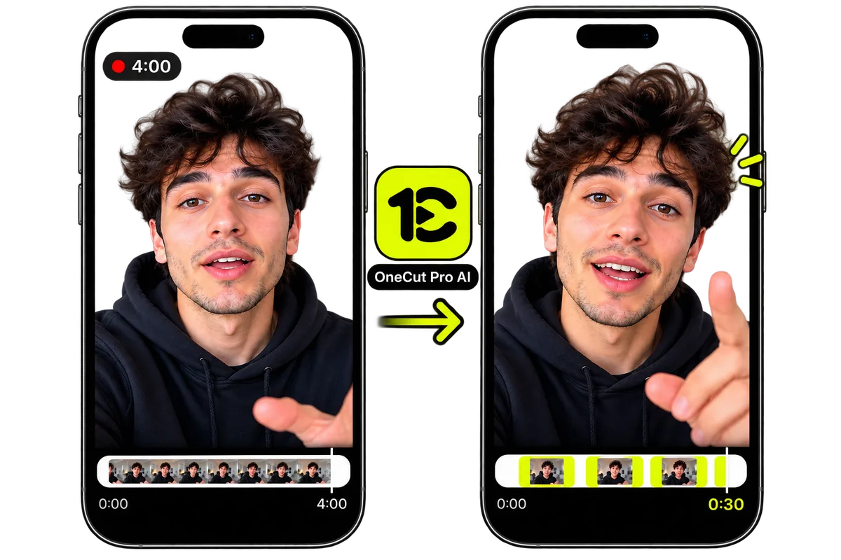 OneCut before-and-after video editing timeline on two phones